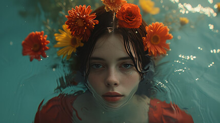 Girl with a wreath underwater. Close-up.