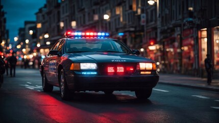 Fototapeta na wymiar A police car. City lights on the background.