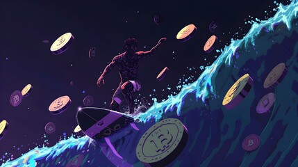 Pixel illustration of surfer riding waves with crypto coins.
