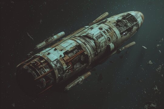 A derelict spaceship drifting in the abyss of space, full of artifacts of an alien civilization