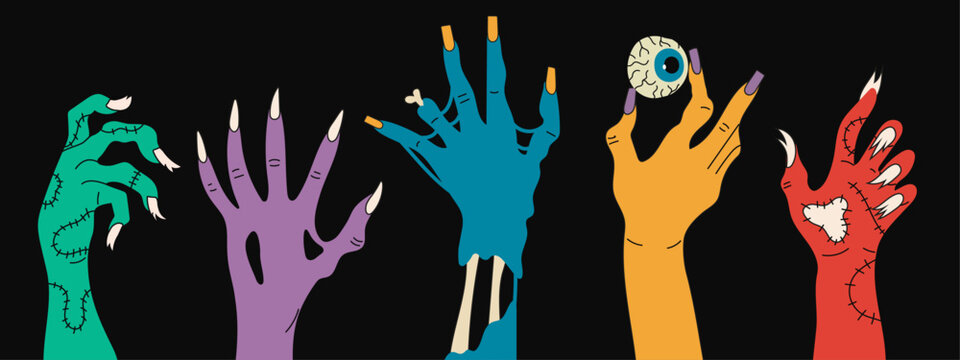 A set of zombie hands on a black background. Isolated collection of multi-colored hands  with damage. Printing for Halloween party cards,T-shirts, stickers, mugs. Vector illustration.Halloween concept