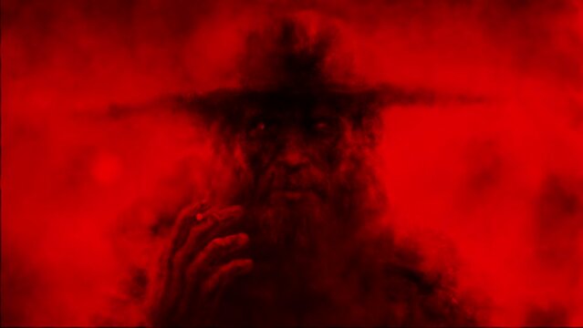 Evil sorcerer face 2D animation. Dark man in big hat smokes cigarette. Angry warlock looks ahead. Scary animated 4k teaser. Spooky movie clip. Bloody character concept. Coal, grunge, noise effects. Re