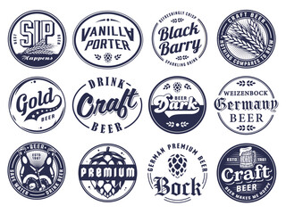 Obraz premium Beer Set of Retro Vintage Beer Badges and Labels for the Design of Brewed Beer in a Craft Brewery. Collection of Premium Quality Beer and Brewery Logos for Pubs and Bars