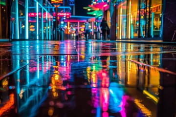 A neon-lit cyberpunk city in the rain, reflected in puddles