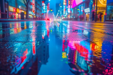 A neon-lit cyberpunk city in the rain, reflected in puddles