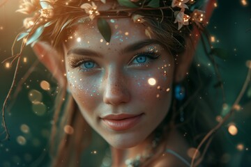 A portrait of a girl in a fantasy style, with elven ears and a glowing crown of flowers