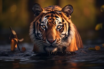 Closeup of a tiger walking slowly for hunting - obrazy, fototapety, plakaty