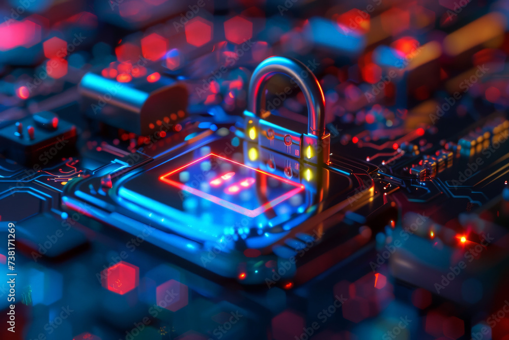 Poster a computer chip with a padlock on top of it