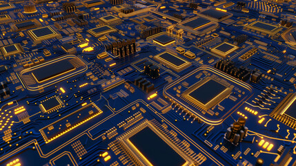 Detailed Circuit Board Landscape in Shades of Blue and Gold