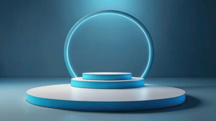 Blue Podium on Light Fresh Blue Background: Ideal Space for Product Presentation and Advertising Mock-Ups