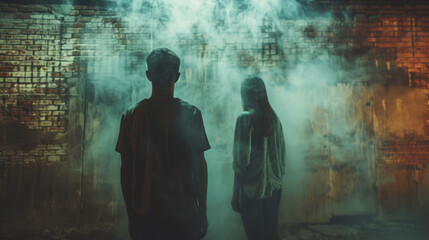 two men standing in front of a woman on a brick wall, psychological horror