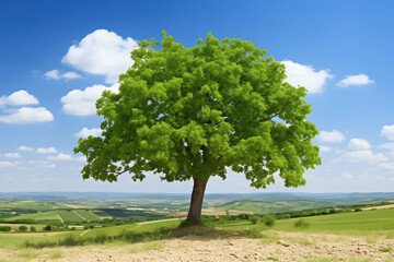 Fototapeta na wymiar Natures Crown: A towering, magnificently canopied green tree stands proudly atop a vibrant and fertile hillside. Natural landscape wallpaper background