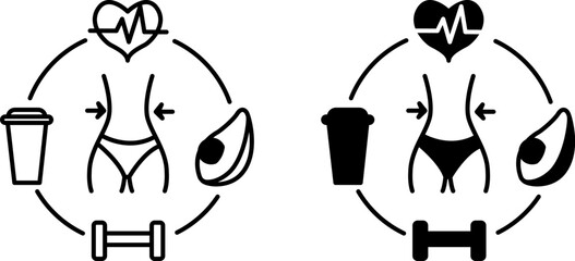 Healthy Lifestyle Icons. Black and White Vector Icons. Slim Figure and Things Symbolizing Proper Nutrition, Water Balance, Sports, and Medical Examination