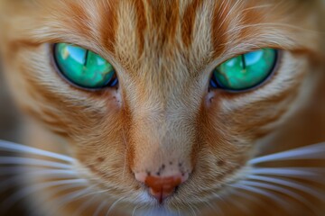Close-up of a ginger cat with bright green eyes