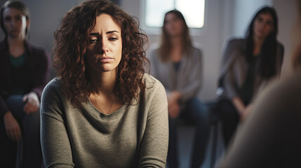 Sad depressed Woman at support group meeting for mental health and addiction issues - obrazy, fototapety, plakaty