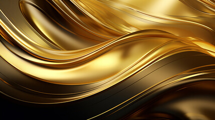 
Abstract 3D rendering of a stunning golden metal shape, resembling a fluid wave of molten gold frozen in motion.