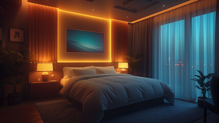 Futuristic bedroom bathed in neon lights, creating a vibrant and modern ambiance