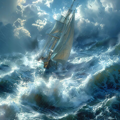 Majestic Sailing Ship Braving Turbulent Seas under Stormy Skies - obrazy, fototapety, plakaty