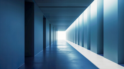 Perspective view of a sleek blue corridor with light at the end