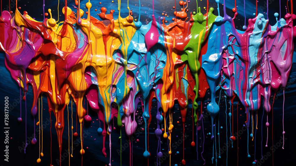 Poster acrylic paint dripping from a palette knife onto a canvas, creating a mesmerizing display of vibrant