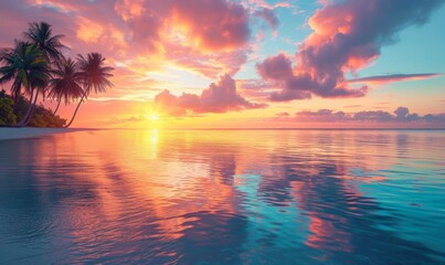 Tropical bliss: colorful sky mirrored on the beach. - obrazy, fototapety, plakaty