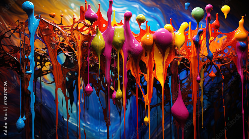 Poster  the vibrational world of color chaos. Craft an abstract masterpiece that pulsates with dynamic and unconventional color choices. 
