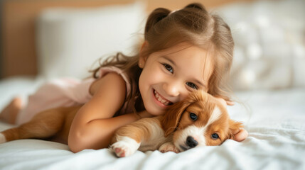 Little happy girl tenderly hugs her puppy tightly in a bright spacious living room. Friendship concept between humans and animals	
