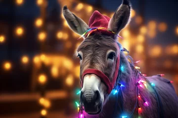 Foto op Plexiglas a donkey wearing a hat and string of lights © Vasile
