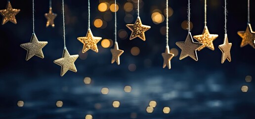 Holiday decorations with golden stars on dark background