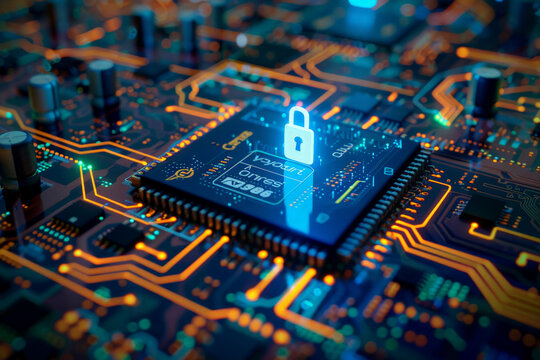 A computer chip with a padlock on it