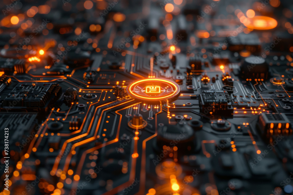 Poster a circuit board with a glowing circle with the letter m in it