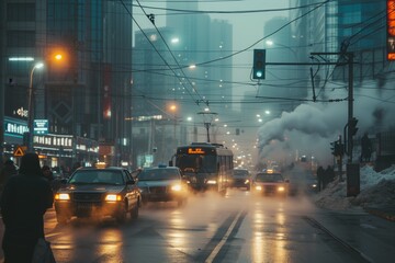 Fototapeta premium Smoggy air of a megapolis causing people to cough and gasp for breath