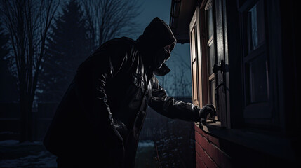 A thief covering his face wearing a hoodie tries to enter a house From the Window by force. Burglar at night. Security concept - obrazy, fototapety, plakaty