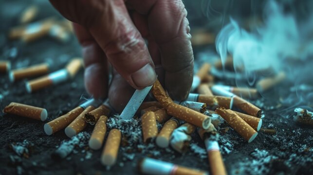 Close up man's hand squeezing a pack of cigarettes, concept of the harm of smoking to health and quitting smoking