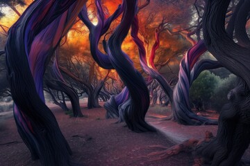 Forest where trees have unusual forms and colors