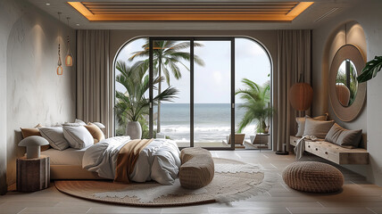 Elegant bedroom style with luminous finishes and sophisticated details, exuding refinement - obrazy, fototapety, plakaty