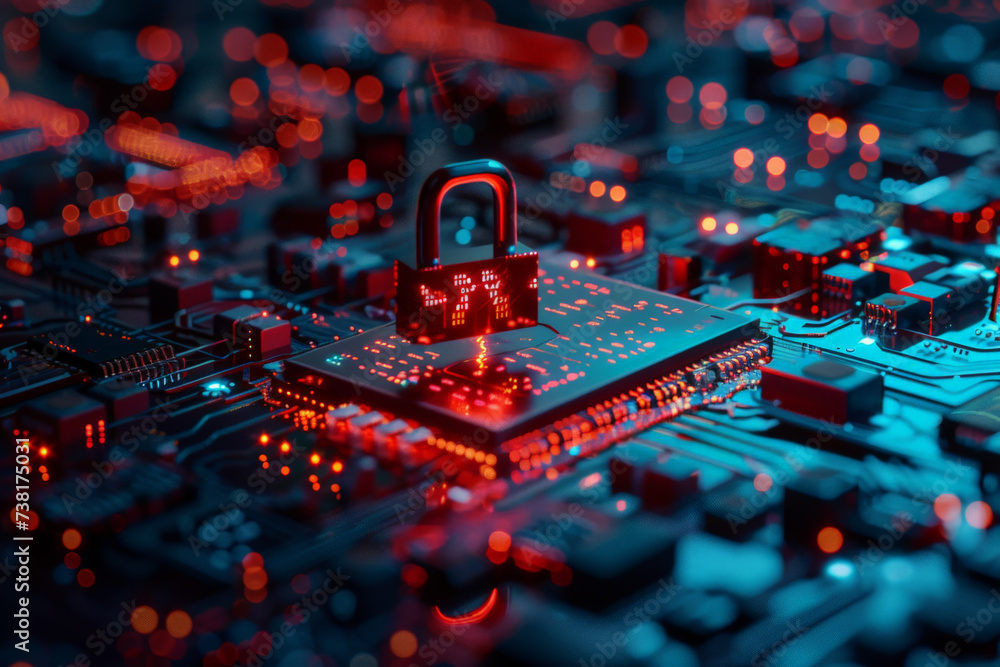 Poster a computer chip with a padlock on top of it