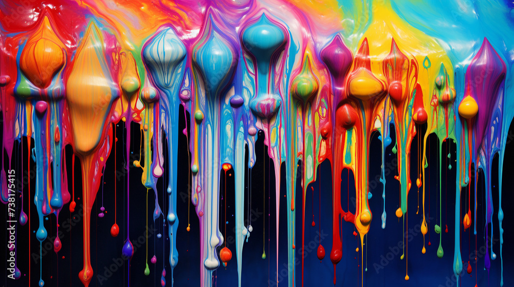 Poster acrylic paint dripping in vibrant hues from a mixing stick onto a canvas, creating a mesmerizing tap