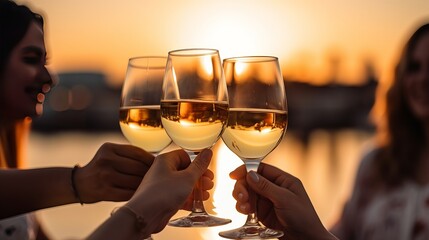 A group of girlfriends raise a toast with glasses of white wine on a sunset. Close shot.