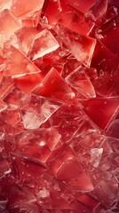 A vibrant display of shattered red glass pieces, resembling a gelatin dessert, evoke a sense of fragility and destruction