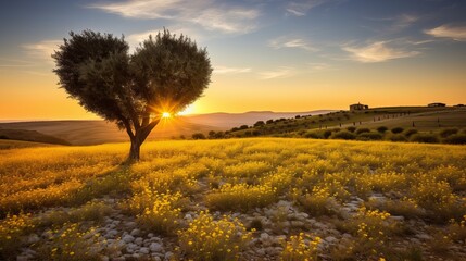 A young olive tree in the shape of a heart - Agriculture field with young olive grove between meadow of poppies and yellow wild flowers