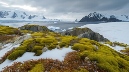 A majestic winter wonderland, where the rugged landscape is blanketed in snow and adorned with lichen-covered rocks and hearty tundra plants, while the cloudy sky above frames the breathtaking lofote