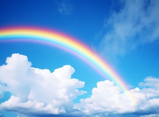 Rainbow in the blue sky with white clouds and rainbow.