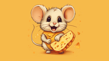 
An adorable flat logo featuring a precious cartoon mouse munching on a piece of Gouda cheese, the mouse's ears perked up in delight, 