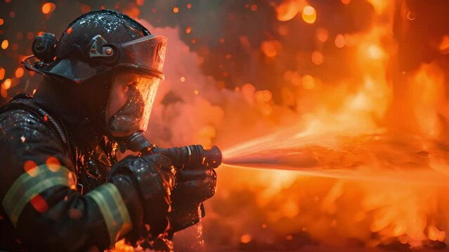 Firefighters rescue team extinguishing fire building. Fireman extinguish fire with the hose. Burning house fire drill. High quality 4k footage slomotion flames