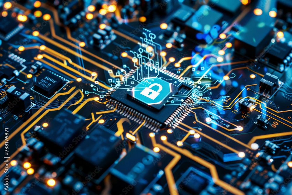 Poster a close up of a circuit board with a padlock on it