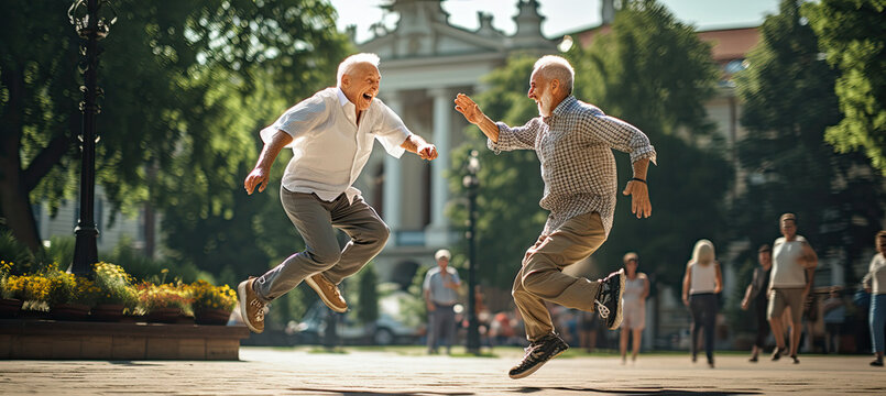 Two happy jumping dancing seniors in the park in daylight in summer.