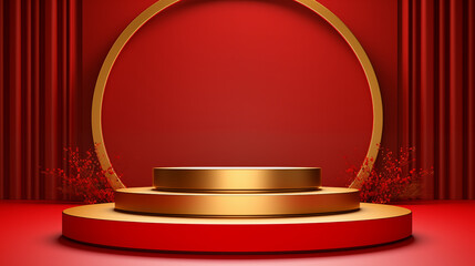 3d festive rendering, round circle red simple minimal background, red and gold podium pedestal, use for display product montage