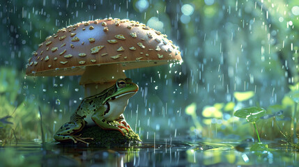 A serene frog shelters under a large mushroom as rain gently falls around it, creating a peaceful scene in a vibrant, lush forest setting.Animal behavior concept. AI generated. - obrazy, fototapety, plakaty