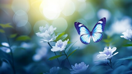 Beautiful spring  background with blue butterfly in flight and flowers anemones in forest on nature. Delicate elegant dreamy airy artistic image harmony of nature